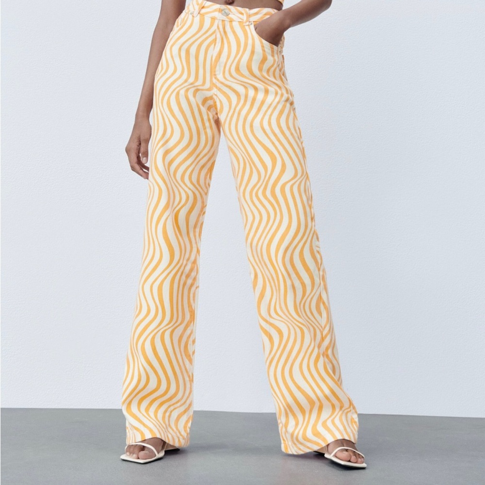 High rise yellow and white printed Zara pants